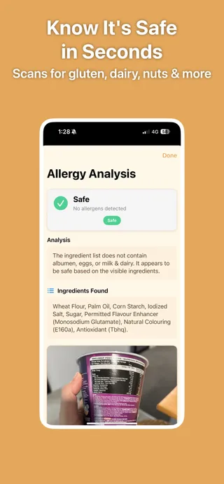 Know it's safe in seconds: PNut's Allergy Analysis sheet showing a green Safe verdict, the reasoning, and the ingredients it extracted