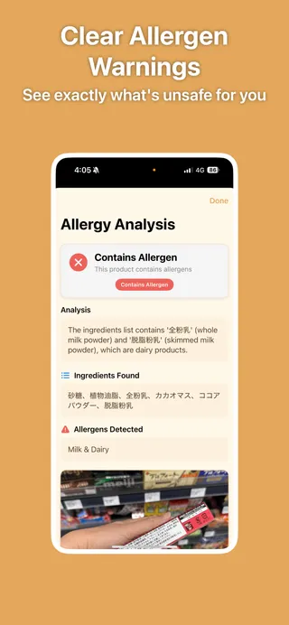 Clear allergen warnings: PNut's Allergy Analysis sheet showing a red Contains Allergen verdict on a Japanese label, with Milk and Dairy listed as detected
