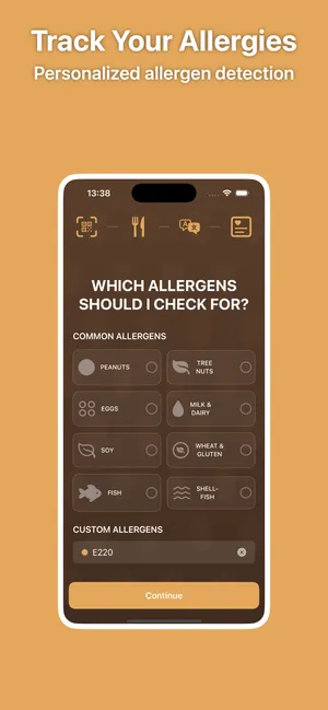 Track your allergies: PNut's allergen selection screen with peanuts, tree nuts, eggs, milk, soy, wheat, fish and shellfish, plus a custom E220 entry